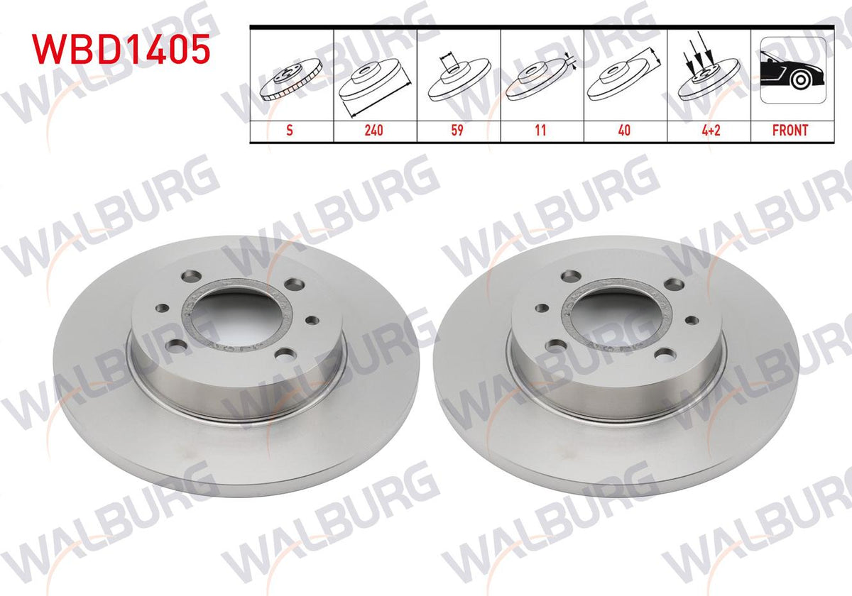 WALBURG WBD1405 Brake Disc Front Straight 4 Bjn 240X11x59x40 Fiat Dogan SLX 1.6 2000-/ Tempra 1.4-1.4i — Brake Rotors & Drums
