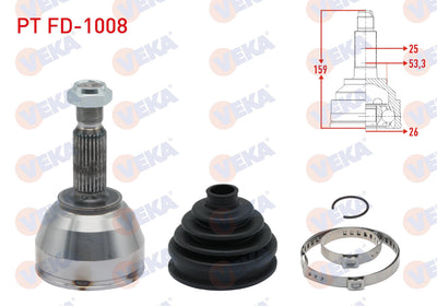 Veka PT FD-1008 CV Joint Left-Right Front Outer Ford Transit Connect 1.8 TDCi 90 Hp 25X26x53.3 Len — Axles, CV Joints & Boots