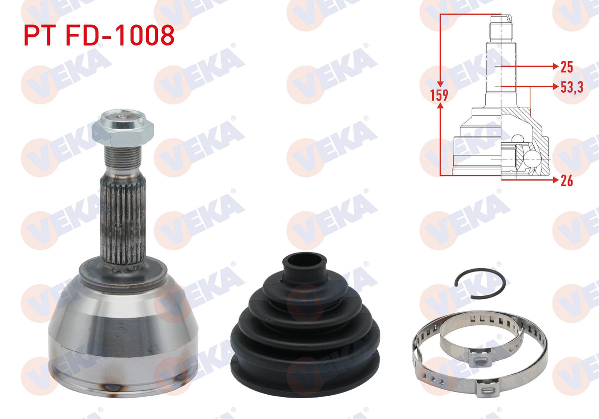 Veka PT FD-1008 CV Joint Left-Right Front Outer Ford Transit Connect 1.8 TDCi 90 Hp 25X26x53.3 Len — Axles, CV Joints & Boots