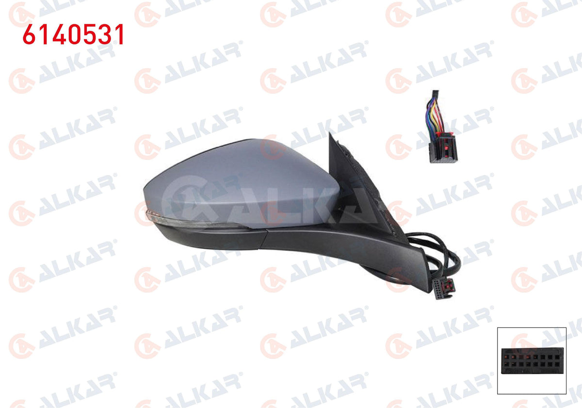 Alkar 6140531 Outer Rear View Mirror Right Electric Heated Primed with Turn Signal 6 Pin Volkswag — Tail, Signal & Reflectors
