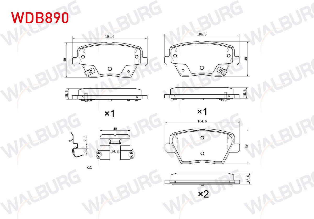 WALBURG WDB890 Brake Pad Rear with Wear Indicator Hyundai i30 1.4 MPI-1.4 T-GDI-1.6 CRDi 2016-/ Kia Ceed 1.4-1.4 — Brake Pads