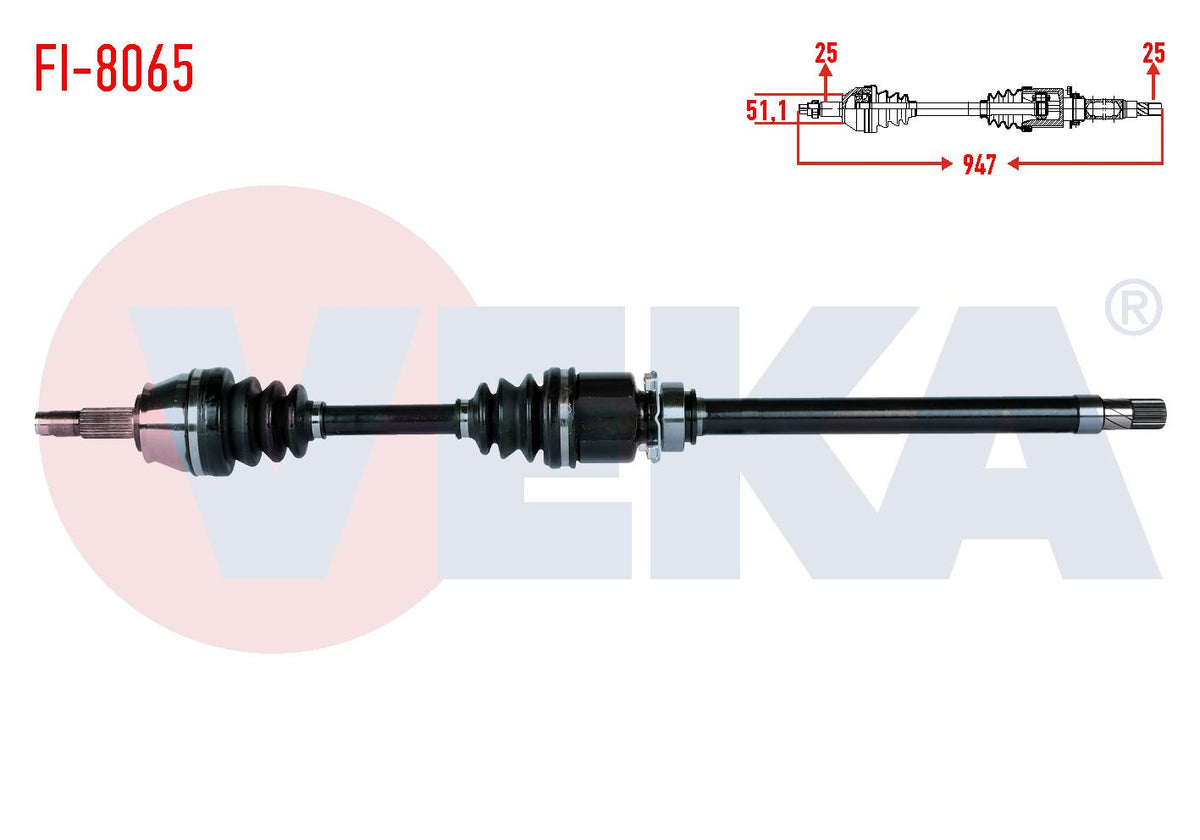 Veka FI-8065 Complete Axle Right Front Length 947mm Fiat Linea 1.6 Mjt 2007-/ Grande Punto 1.3 Mjt — Axles, CV Joints & Boots