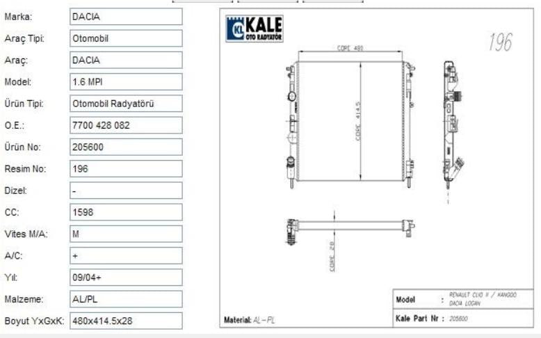 Kale 0528292AL Radiator Clio II Kangoo Logan Symbol I-II 1.2-1.6 1.5 dCi AC — Radiators & Fans