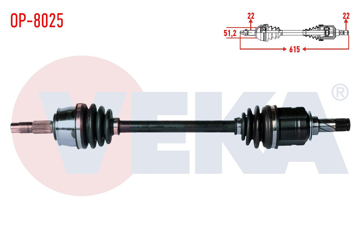 Veka OP-8025 Complete Axle Left Front Opel Corsa D 1.2 M-T Length 615mm 2006-2014 — Axles, CV Joints & Boots