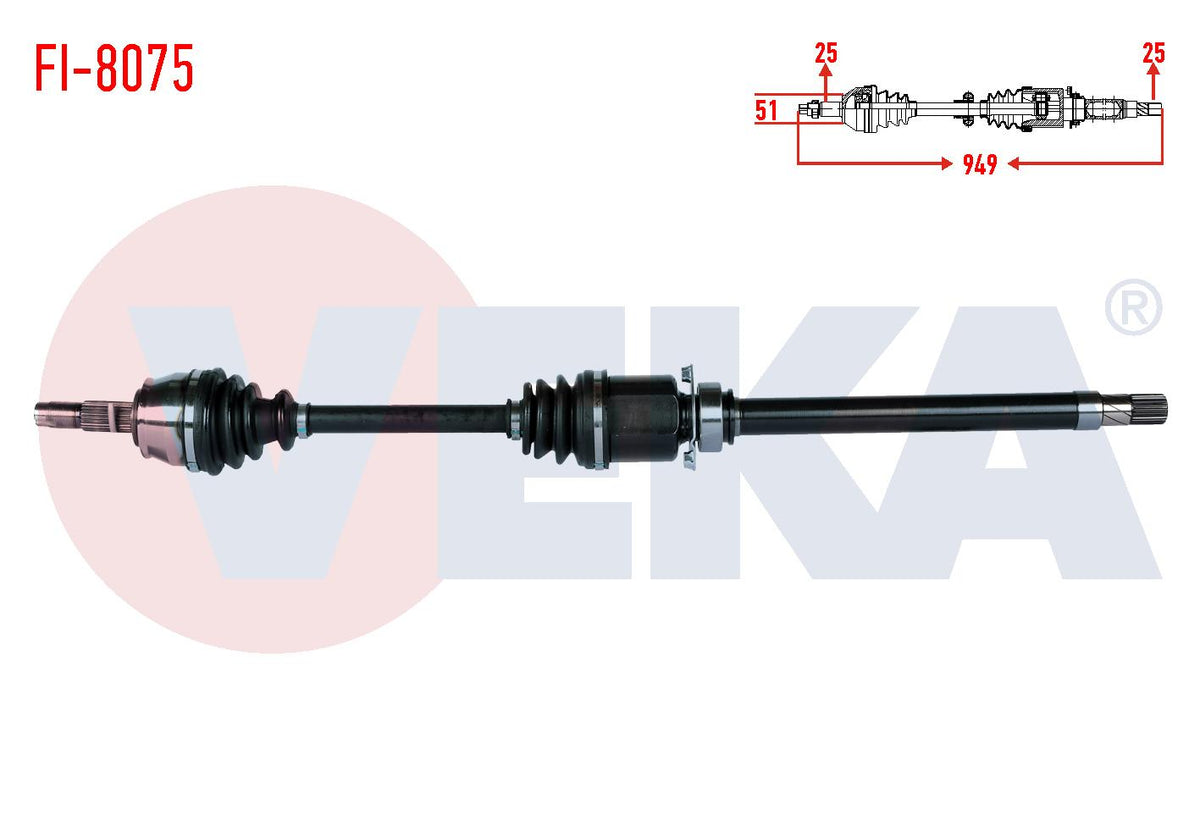 Veka FI-8075 Complete Axle Right Front Fiat Fiorino (225) 1.3 Mjt A-T Length 949 mm 2008-2013 — Axles, CV Joints & Boots