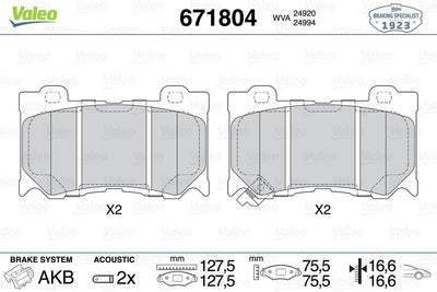 Valeo 671804 Brake Pad Front Infiniti FX30/FX37/G37/Q50/Q60/Q70/Nissan 370Z 09> — Brake Pads