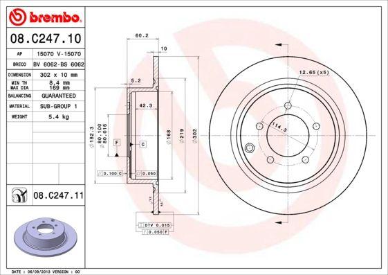 Brembo 08.C247.11 Brake Disc Rear Straight-(302-5)-(Asx 11 / Outlander 07 / /) | 1 Piece