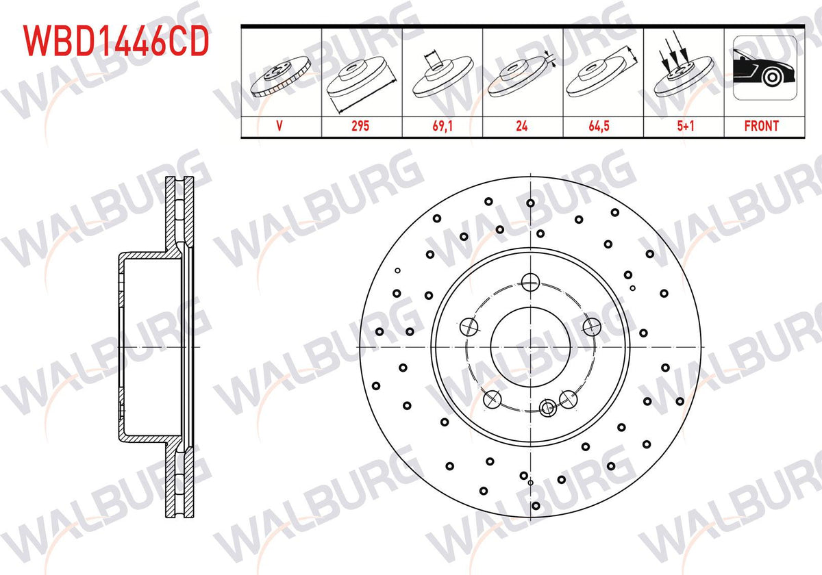 WALBURG WBD1446CD Brake Disc Front Air Coated Performance Drilled 5 Bjn 295X24x69x61 Mercedes C Series — Brake Rotors & Drums