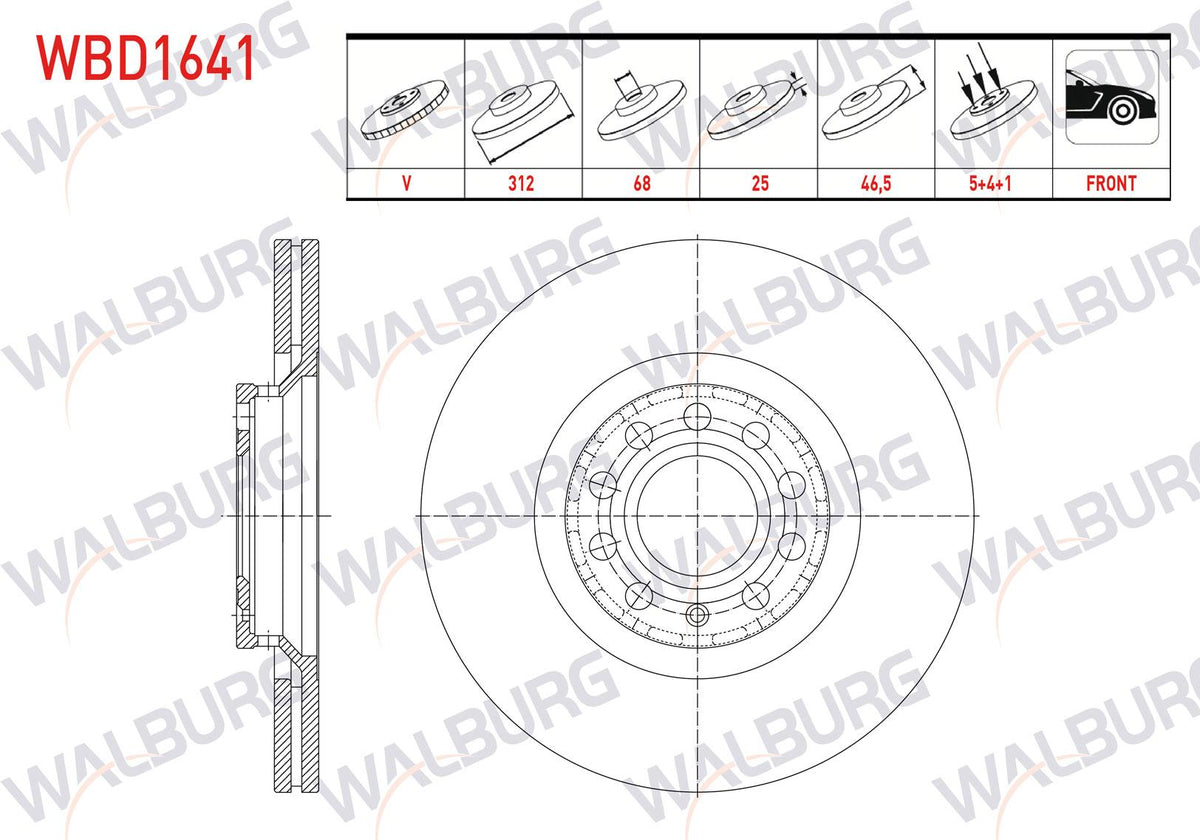 WALBURG WBD1641 Brake Disc Front Air 5 Bjn 312X25x68x46 — Brake Rotors & Drums
