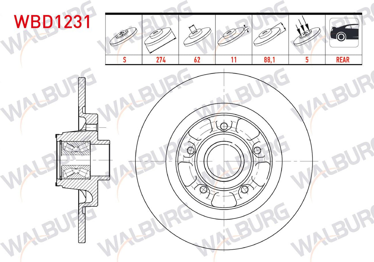 WALBURG WBD1231 Brake Disc Rear Straight 5 Bjn 274X11x61,92X88 — Brake Rotors & Drums