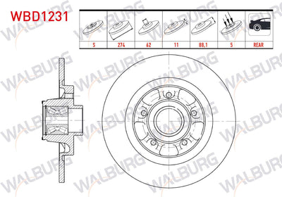 WALBURG WBD1231 Brake Disc Rear Straight 5 Bjn 274X11x61,92X88 — Brake Rotors & Drums