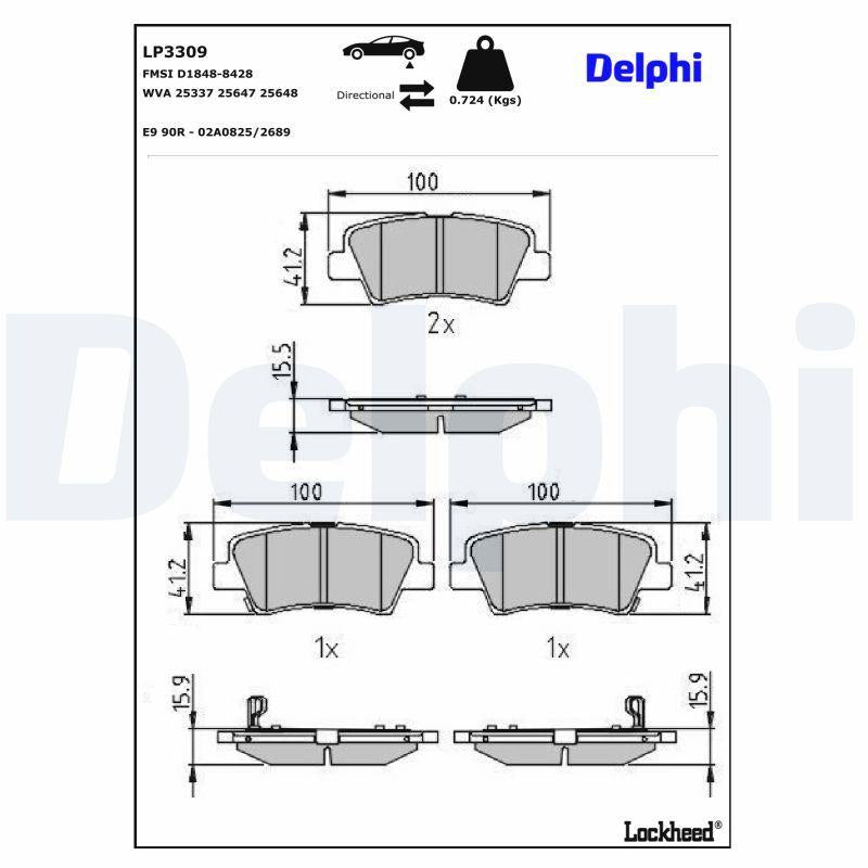 Delphi LP3309 Rear Brake Pad Hyundai ix35 / Sportage / Tucson / Creta / Bayon / Elantra