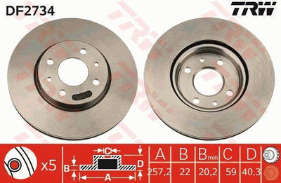 TRW DF2734 Front Brake Disc Air 257 mm Fiat Doblo, Fiorino and 4 more models — Brake Rotors & Drums