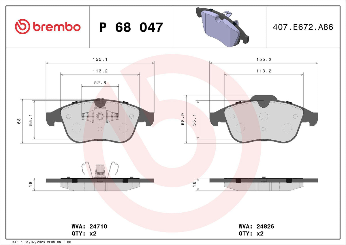 Brembo P68047 Brake Pad Front Renault Laguna III 2.0 16V F4r 2.0 M9r Scenic III 1.5 K9k 1.9 F9q — Brake Pads