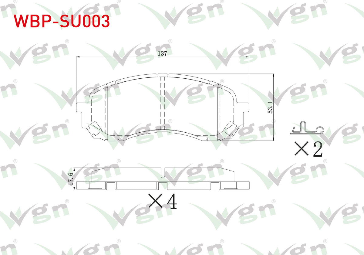 WGN WBP-SU003 Brake Pad Front with Wear Indicator Subaru Impreza 1.5-1.6i 2000-2012 / Forester 2.0 2008-/ Outback 2.0 D 2009-/ Legacy V 2.0i 2009-2014