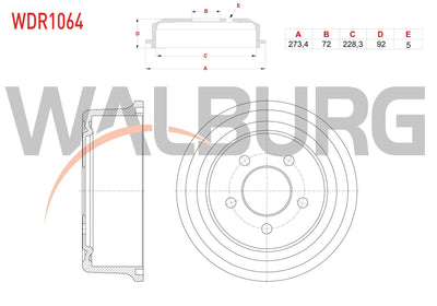 WALBURG WDR1064 Brake Drum Rear 5 Hole 273,4X72x228,3X92 Jeep Cherokee 2.5 Crd-2.8 Crd-2.4-3.7 4X4 200 — Brake Rotors & Drums
