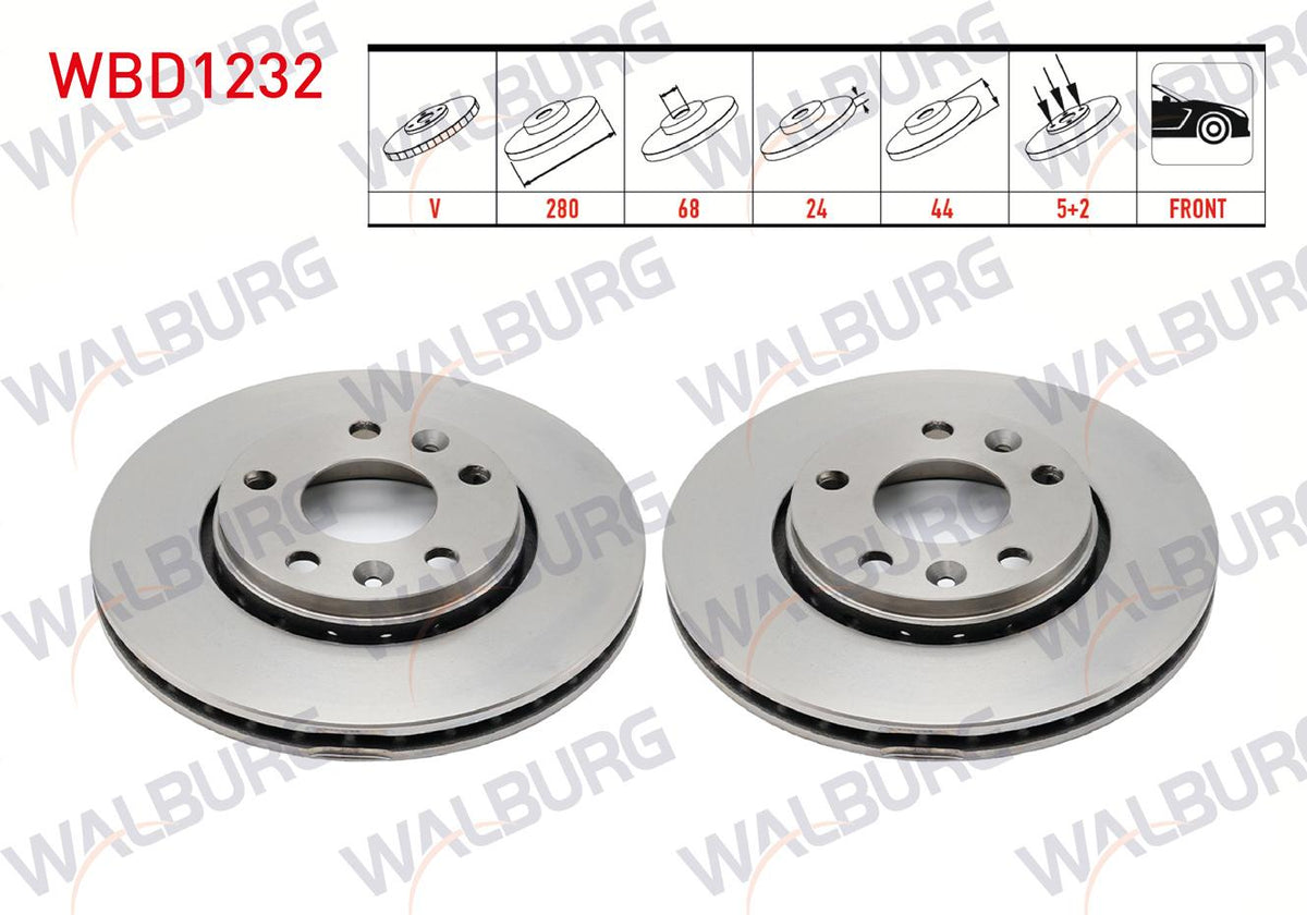WALBURG WBD1232 Brake Disc Front Air 5 Bjn 280X24x68x44 Captur II 20-/ Fluence 10-/ Laguna III 07-15 / — Brake Rotors & Drums