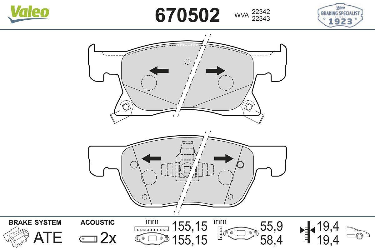 Valeo 670502 Brake Pad Front 15 Rim Opel Astra K 1.0 1.4 1.6 1.6 CDTi