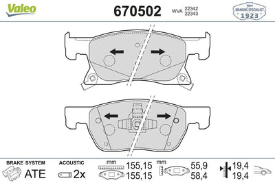 Valeo 670502 Brake Pad Front 15 Rim Opel Astra K 1.0 1.4 1.6 1.6 CDTi