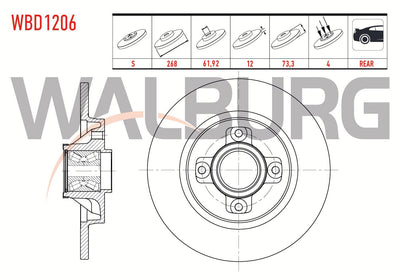 WALBURG WBD1206 Brake Disc Rear Straight 4 Bjn 267,8X12x61,92X73,2 Partner Tepee 1.6 HDi Wheel Hub with Bearing Magnetic ABS Okuyuculu 2008-/Berlingo 1.6 HDi 2008-/C4 1.6 HDi-1.6 VTI-1.6 2009-/308 1.6 HD