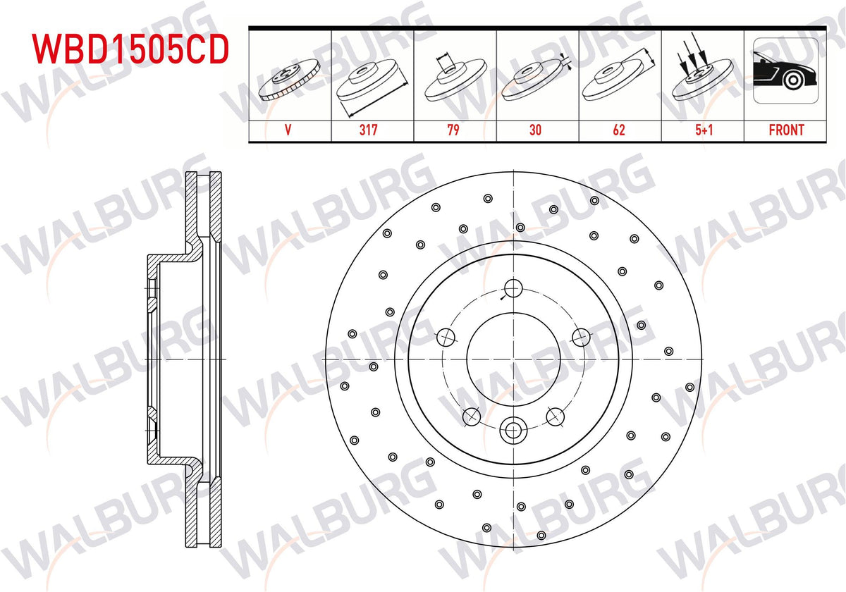 WALBURG WBD1505CD Brake Disc Front Air Coated Performance Drilled Land Rover Discovery III (Taa) 2.7 V — Brake Rotors & Drums