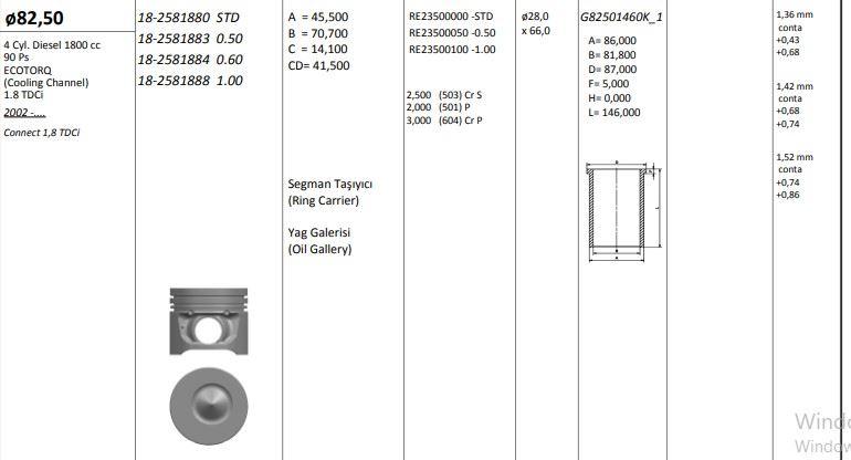 King 182581888 Piston 82.50 mm (1.00) Ford Transit Connect 1.8 TDCi 01-(90 Ps) (Rıken with Piston Rings) — Pistons & Rotating