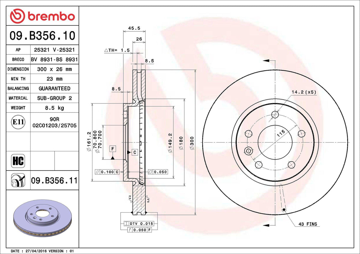 Brembo 09.B356.11 Brake Disc Front Air 300mm 16 Rim Opel Astra J 1.4 1.6 1.7 2.0 CDTi 09- Coated | Set of 2