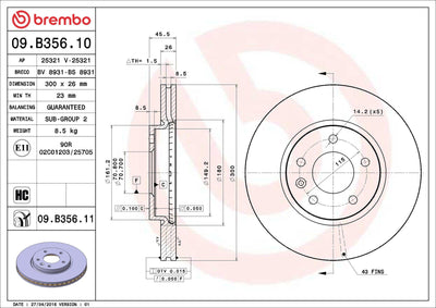 Brembo 09.B356.11 Brake Disc Front Air 300mm 16 Rim Opel Astra J 1.4 1.6 1.7 2.0 CDTi 09- Coated | Set of 2