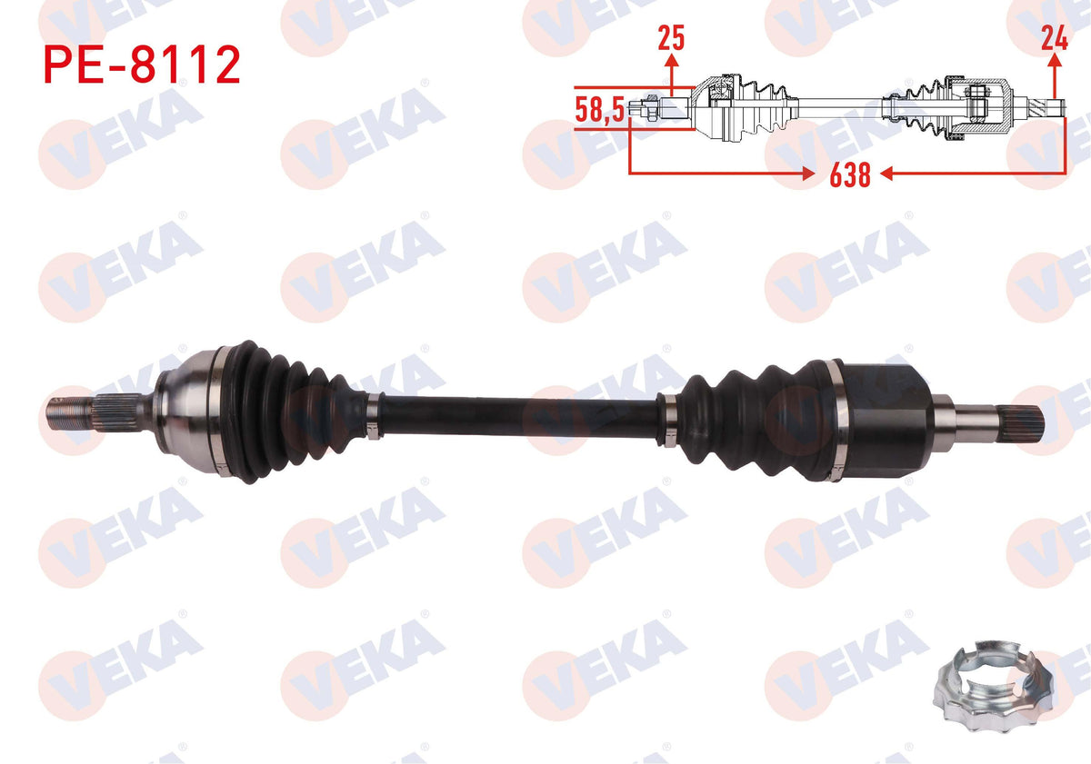 Veka PE-8112 Complete Axle Left Front Length 638mm Peugeot 2008 1.2 Thp-1.5 HDi-1.6 HDi 2015-/ Cit — Axles, CV Joints & Boots