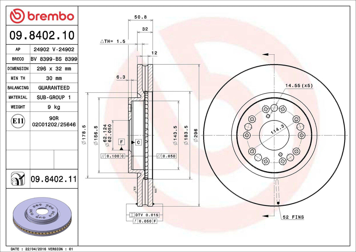 Brembo 09.8402.11 Brake Disc Front UV Coated Lexus — Brake Rotors & Drums