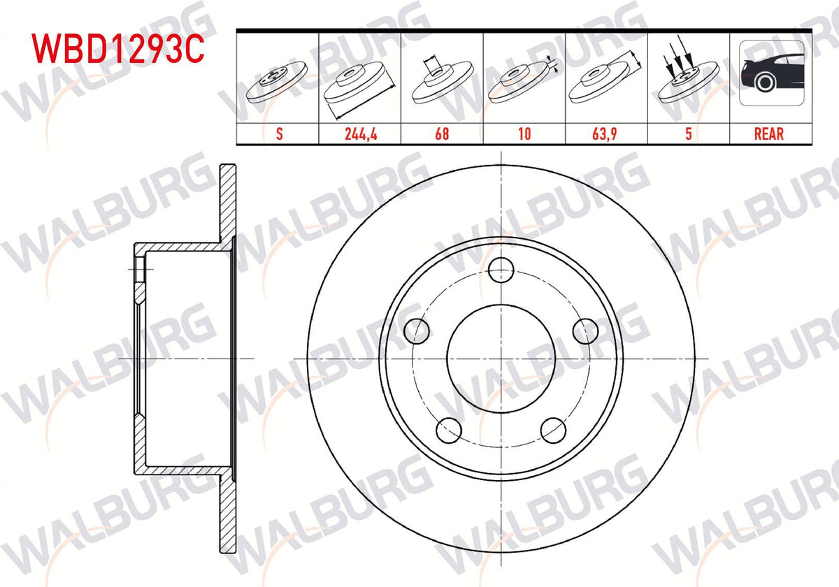 WALBURG WBD1293C Brake Disc Rear Straight Coated 5 Bjn 244,4X10x68x63 — Brake Rotors & Drums