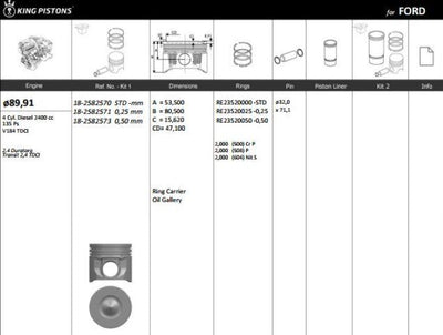 King 182582573 Piston 89.91 mm (0.50) Ford Transit V184 2.4 TDCi 03-(Rıken with Piston Rings) — Pistons & Rotating