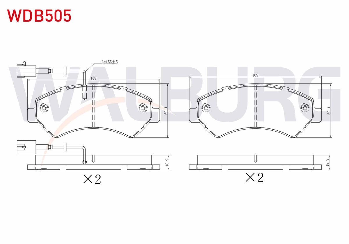 WALBURG WDB505 Brake Pad Front Pair with Connector Fiat Ducato III 2006-/ Peugeot Boxer III 2006-/ Citroen Jumpe — Brake Pads