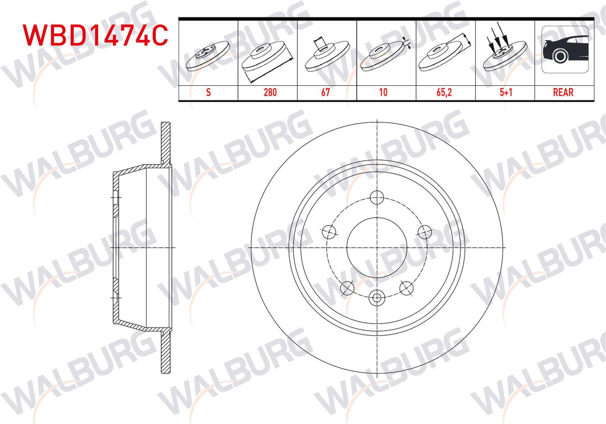 WALBURG WBD1474C Brake Disc Rear Straight Coated 5 Bjn 280X10x67x65 — Brake Rotors & Drums