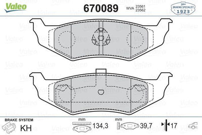 Valeo 670089 Brake Pad Rear (Chrysler Sebring 01 / Dodge Stratus 01 /) — Brake Pads