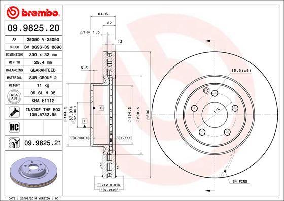 Brembo 09.9825.21 Brake Disc Mercedes 204/211/219 E350/E400/E500/GLA Front Set — Brake Rotors & Drums