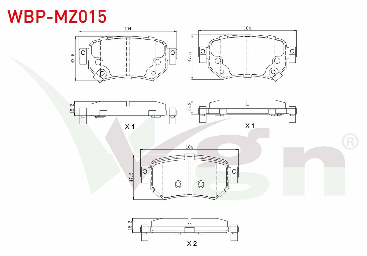 WGN WBP-MZ015 Brake Pad Rear with Wear Indicator Mazda 6 (Gj,Gh) 2.0 2013-/ Mazda 6 (Gj,Gh) 2.2 D 2013 — Brake Pads