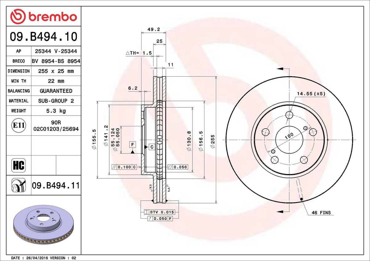 Brembo 09.B494.11 Brake Disc Front UV Coated Toyota | Set of 2