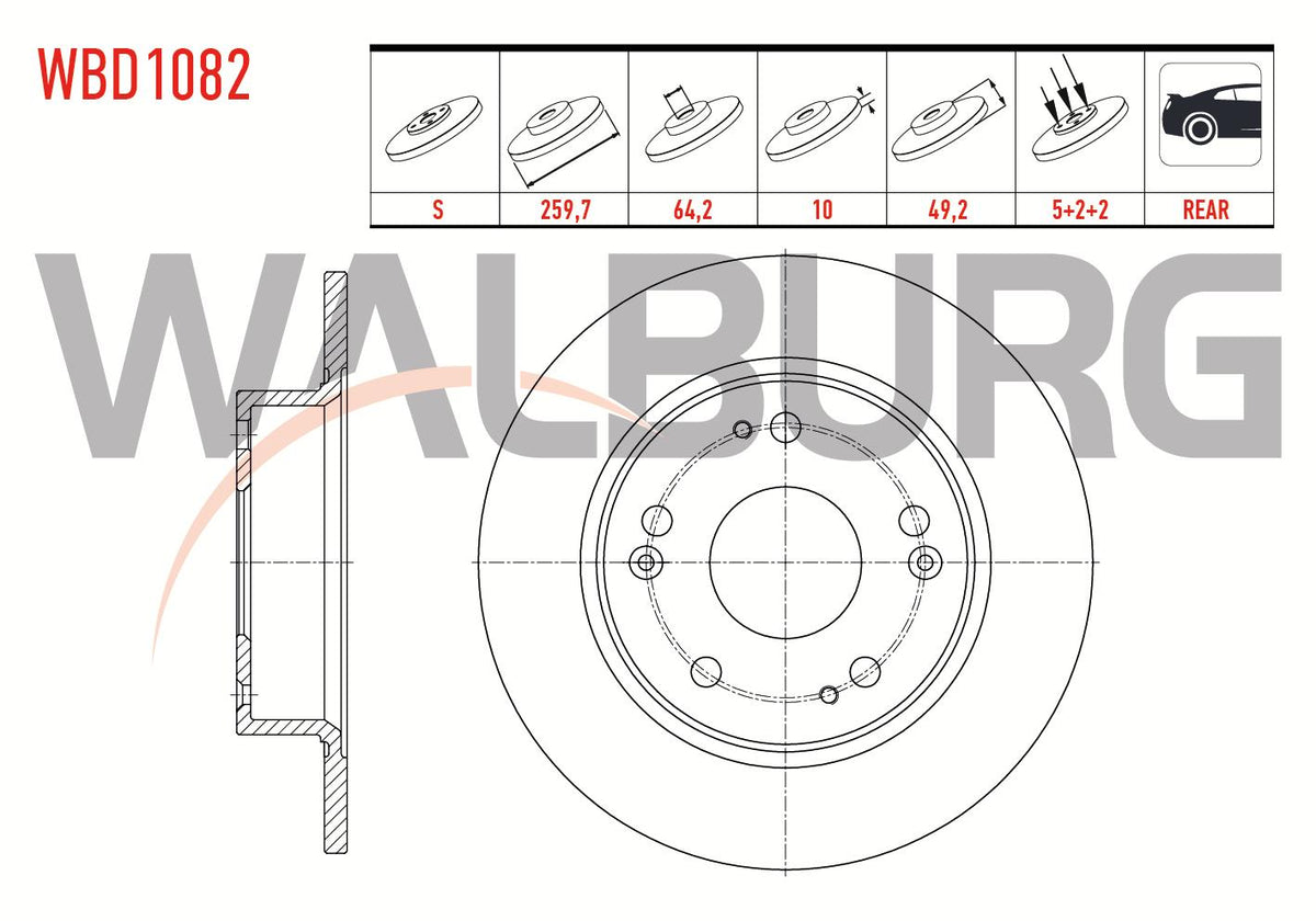 WALBURG WBD1082 Brake Disc Rear Straight 5 Bjn 259, 7X10x64 and 2 more models — Brake Rotors & Drums