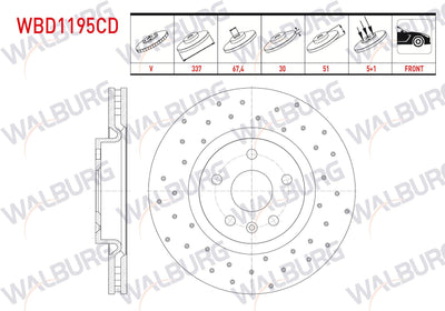 WALBURG WBD1195CD Brake Disc Front Air Coated Performance Drilled 5 Bjn 337X30x67,4X51 Opel Insignia 1.6-1.6 T-2.0 CDTi-2.0 T 18 Rim 2008-| Set of 2