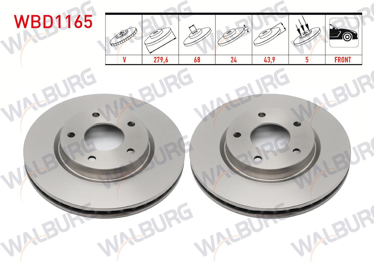 WALBURG WBD1165 Brake Disc Front Air 5 Bjn 280X24x68x44 Nissan Juke 1.5 dCi 2010-/ Juke 1.6 DiG-T 2010 — Brake Rotors & Drums