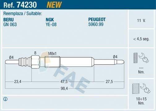 FAE 74230 Glow Plug for Ford Mondeo IV (2007-2014) - 11V, M8x1 Thread Size — Coils & Plugs