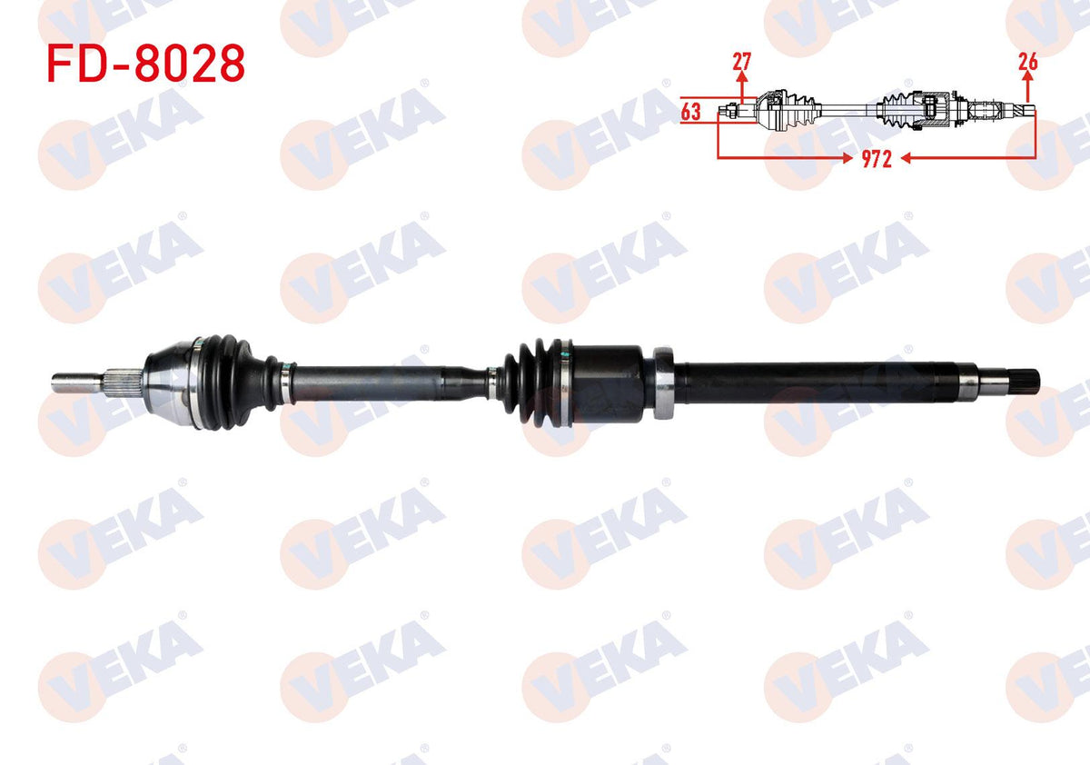 Veka FD-8028 Complete Axle Right Front Ford Focus III 1.6 TDCi M-T Length 972mm 2011-2015 — Axles, CV Joints & Boots
