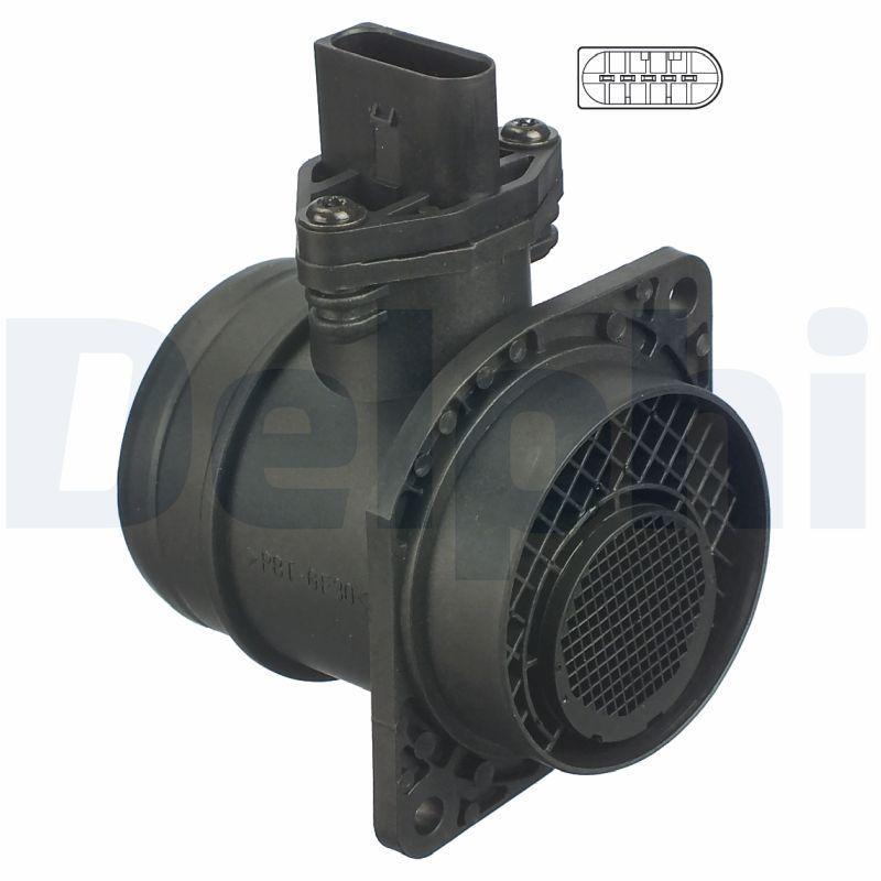delphi air flow meter for 99-01 golf bora, close-up of delphi air flow meter connector, delphi air flow meter technical specifications Delphi Air Flow Meter - Hava Hacmi Ölçme Cihazı for 99-01 Golf/Bora 1.9 TDI | 12V Delphi Air Flow Meter for 99-01 Golf/Bora 1.9TDI delphi, air-flow-meter, golf, bora, automotive-repair, car-accessories, car-parts, engine-performance, mechanics, ai-generated