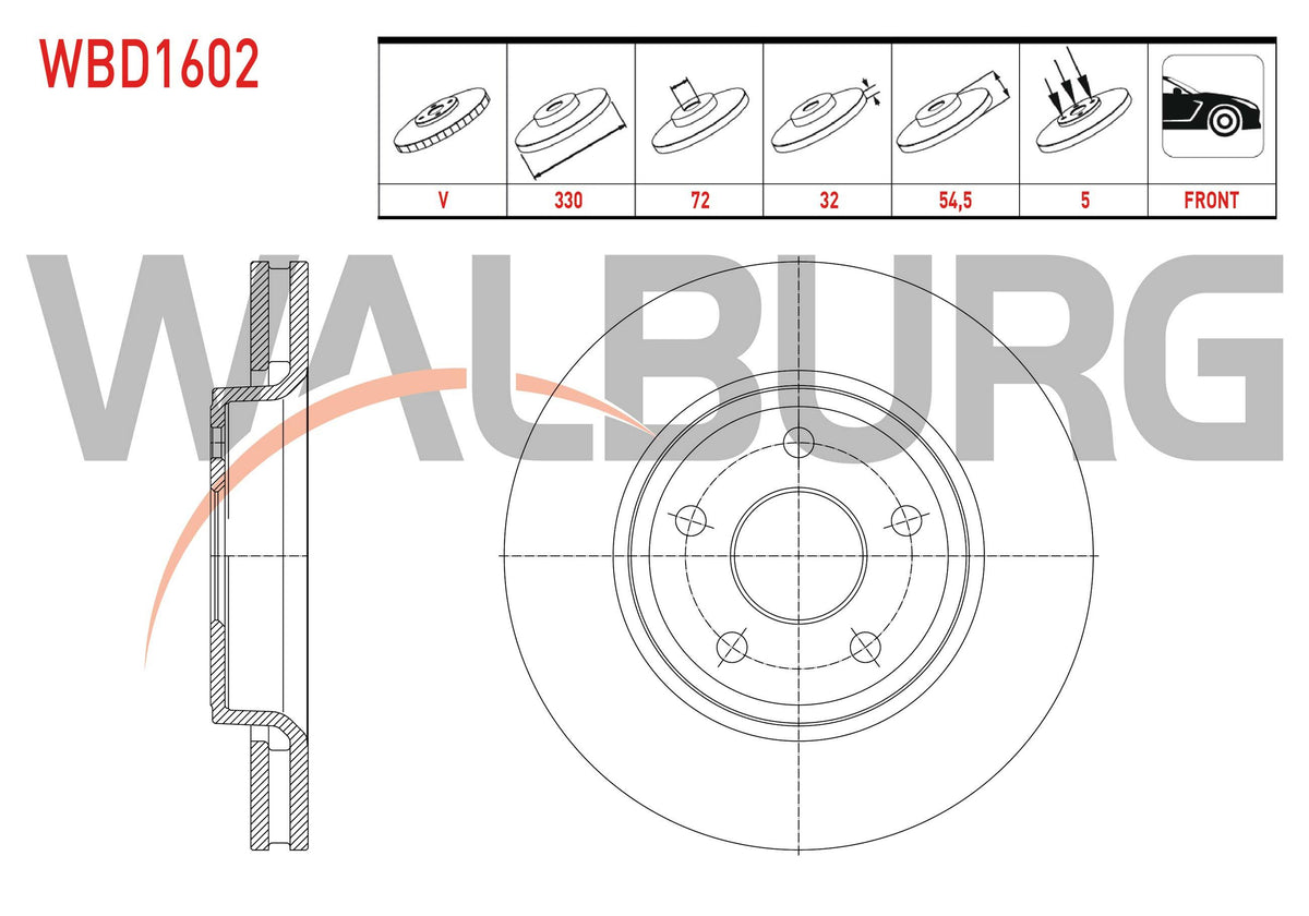 WALBURG WBD1602 Brake Disc Front Air 5 Bjn 17 Rim 330X32x72x54,5 Jeep Grand Cherokee IV (Wk,Wk2) 3.0 Crd-3.6 V6 2010-| Set of 2