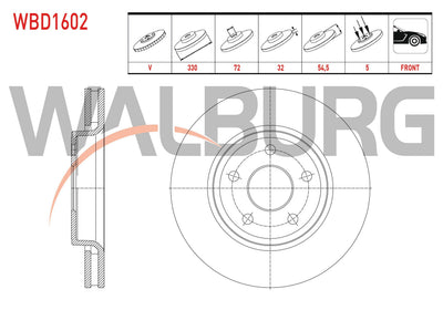 WALBURG WBD1602 Brake Disc Front Air 5 Bjn 17 Rim 330X32x72x54,5 Jeep Grand Cherokee IV (Wk,Wk2) 3.0 Crd-3.6 V6 2010-| Set of 2