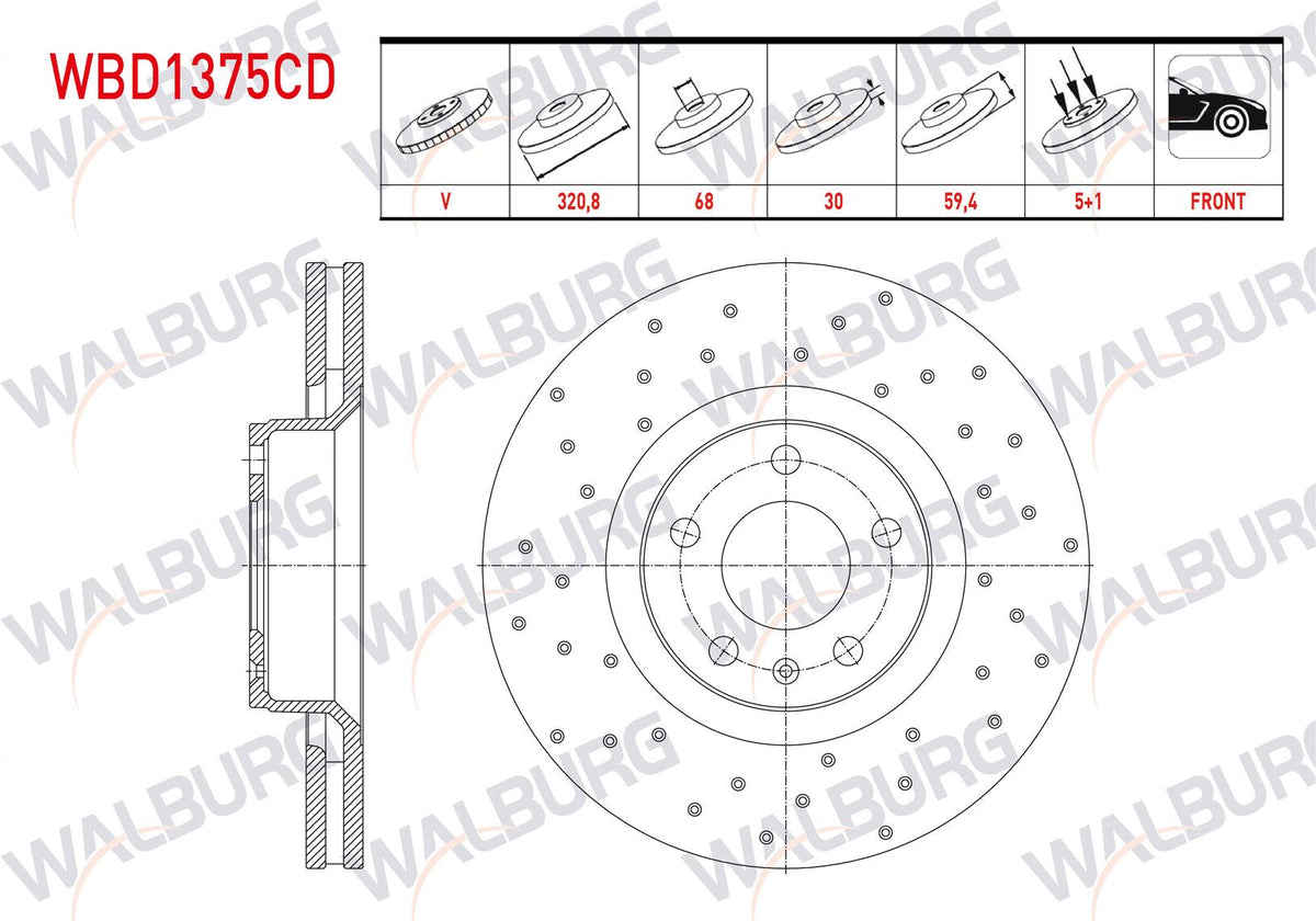 WALBURG WBD1375CD Brake Disc Front Air Coated Performance Drilled 5 Bjn 320,80X30x68x59 — Brake Rotors & Drums