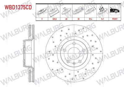 WALBURG WBD1375CD Brake Disc Front Air Coated Performance Drilled 5 Bjn 320,80X30x68x59 — Brake Rotors & Drums