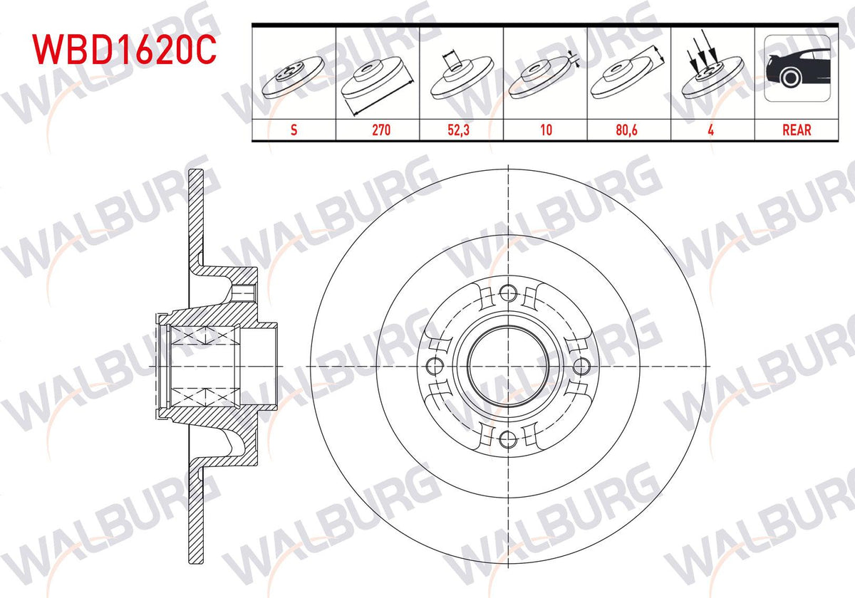 WALBURG WBD1620C Brake Disc Rear Straight Coated with Bearing with Wheel Hub 4 Bjn Magnetic ABS Okuyuculu 270X10x52,3X80,2 Renault Megane II Sw 2003-2009 / Scenic II 2003-2010 | Set of 2