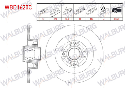 WALBURG WBD1620C Brake Disc Rear Straight Coated with Bearing with Wheel Hub 4 Bjn Magnetic ABS Okuyuculu 270X10x52,3X80,2 Renault Megane II Sw 2003-2009 / Scenic II 2003-2010 | Set of 2